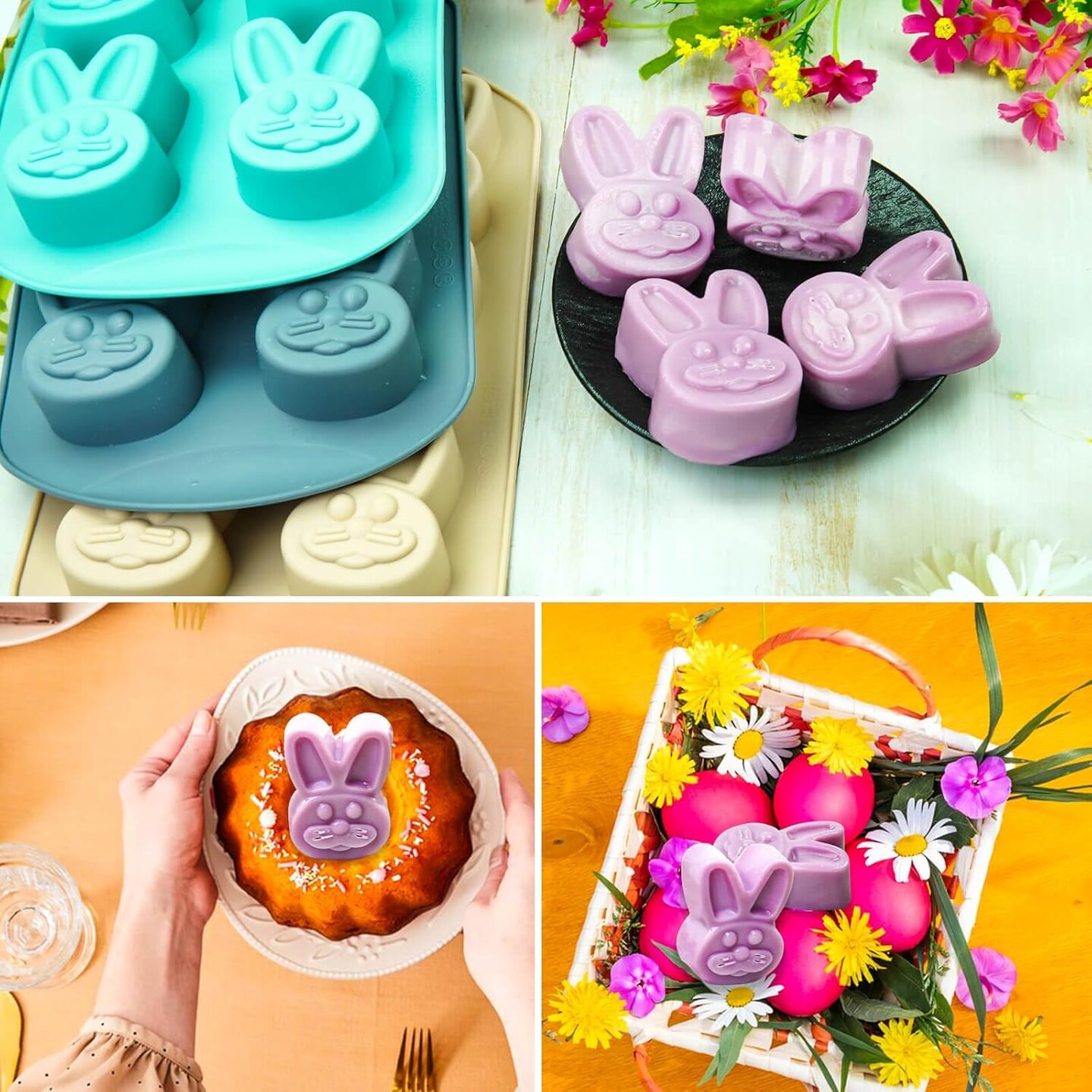 2 Pcs Easter Bunny Silicone Molds for Baking, Large Easter Rabbit Mold Silicone Chocolate Mold for Easter Party Supplies Cake Jelly Ice Cube Pudding Candy Cookie Baking Soap Candles Making (Grey)