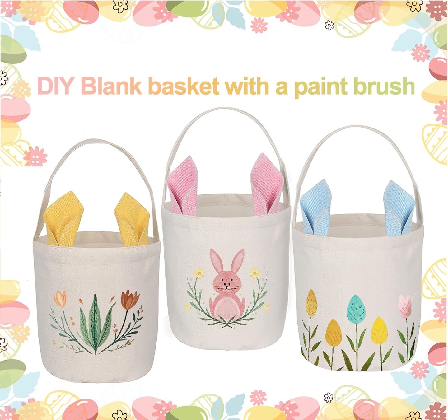 3 Pack Easter Baskets, Personalized Bunny Eggs Canvas Tote Bags for Easter Party Favor Supplies (A- DIY Canvas Baskets)
