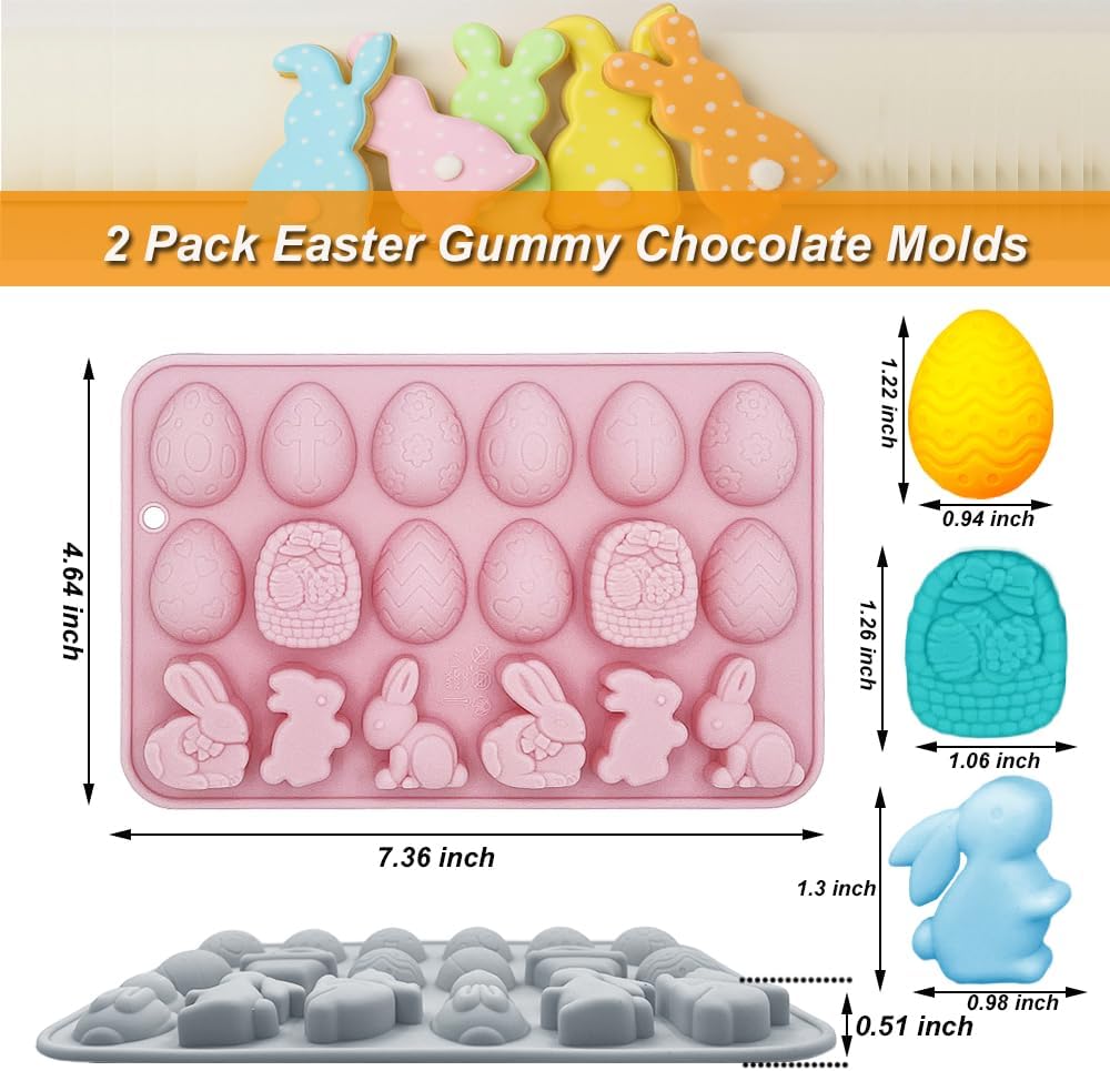 2 Pack Easter Gummy Chocolate Molds 18 Cavities Egg Rabbit Candy Mould Tray Baking Tools for Chocolate Cake Dessert Candy Mousse Pastry Handmade Soap Cupcake Topper Crayons