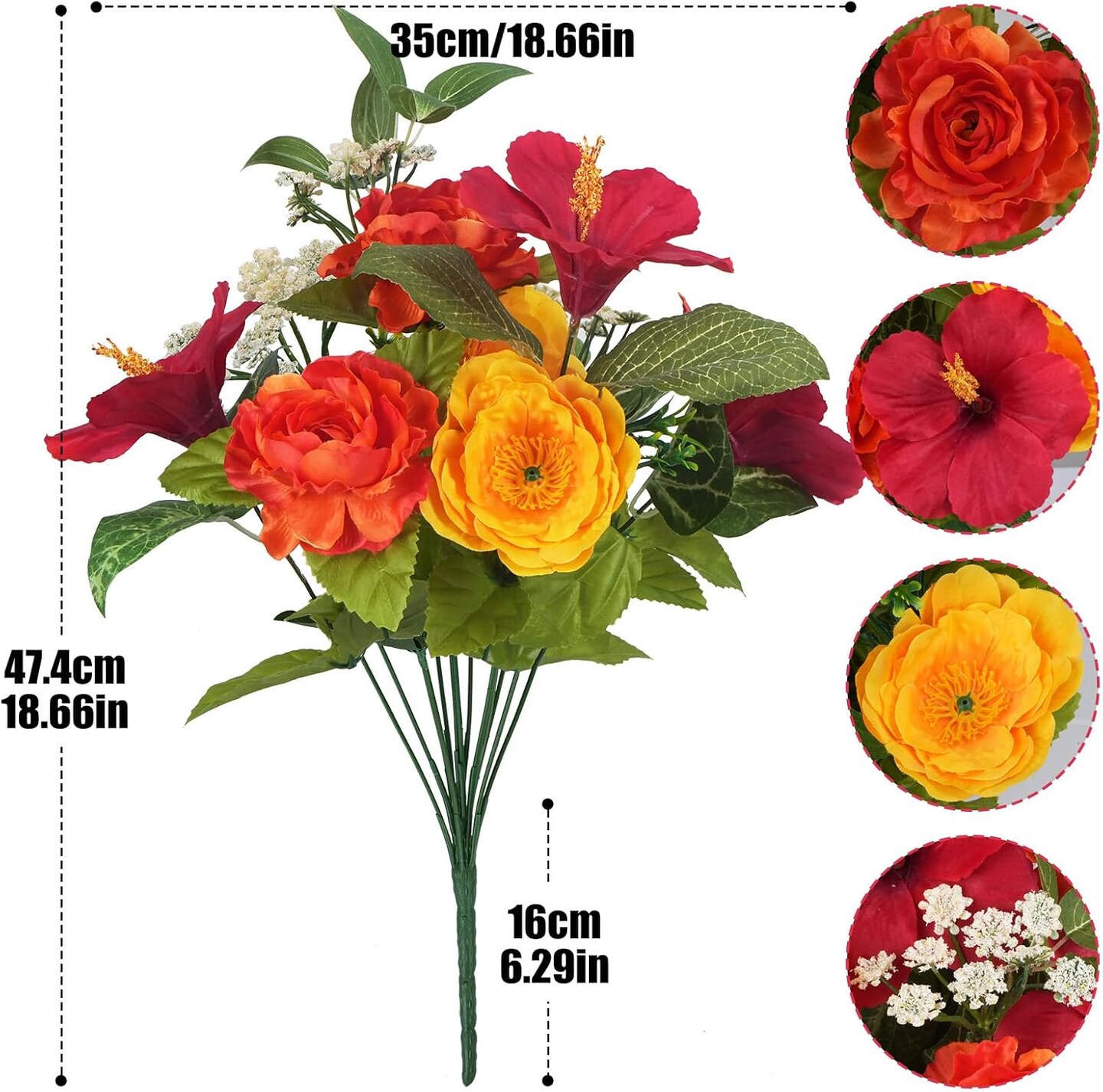 2pcs Silk Flowers with Stems- Artificial Hibiscus Mixed Fake Red Rose and Babys Breath; 24 Branches Faux Floral Sympathy Flowers for Cemetery Grave; Spring Decor for Wedding Home Centerpiece Vase