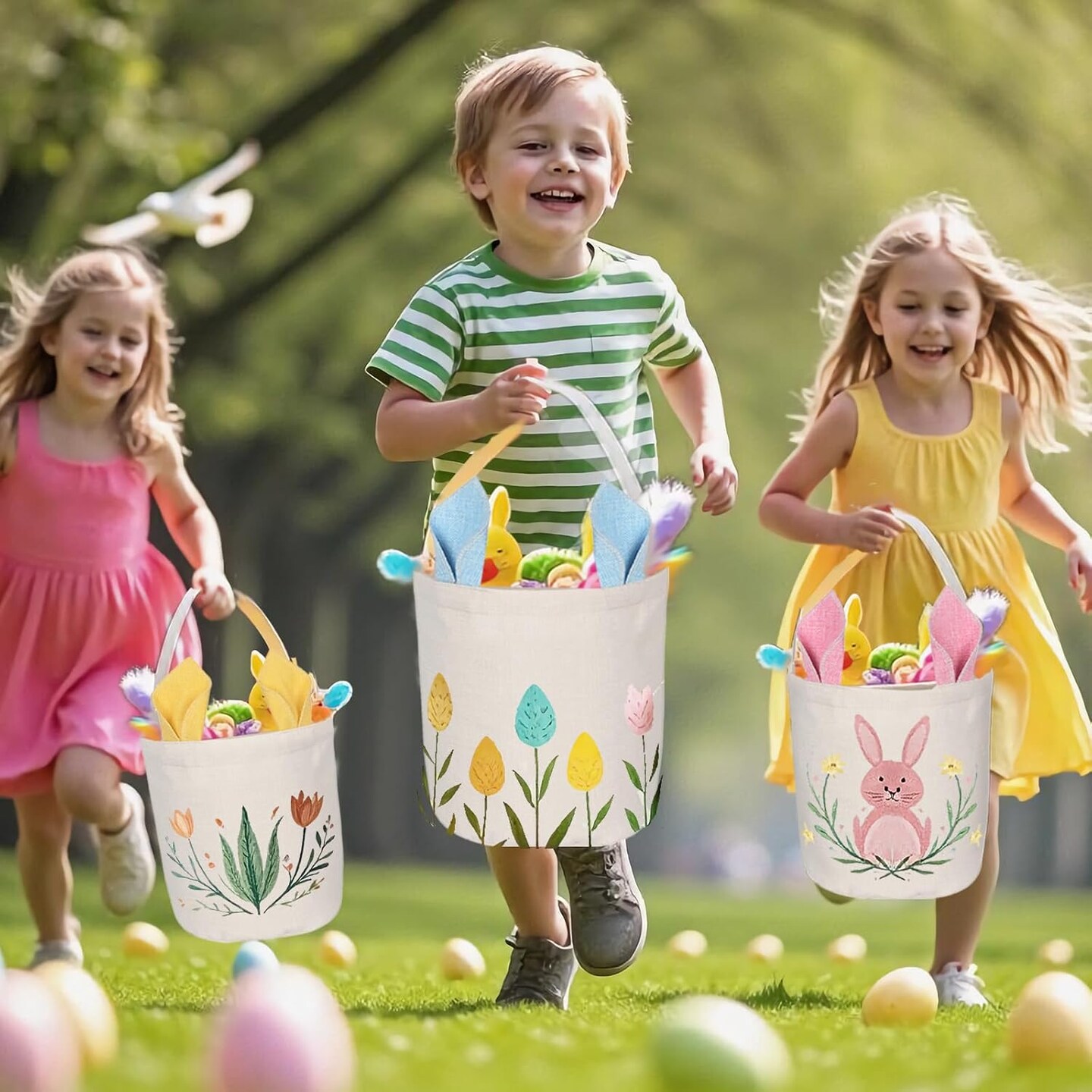 3 Pack Easter Baskets, Personalized Bunny Eggs Canvas Tote Bags for Easter Party Favor Supplies (A- DIY Canvas Baskets)