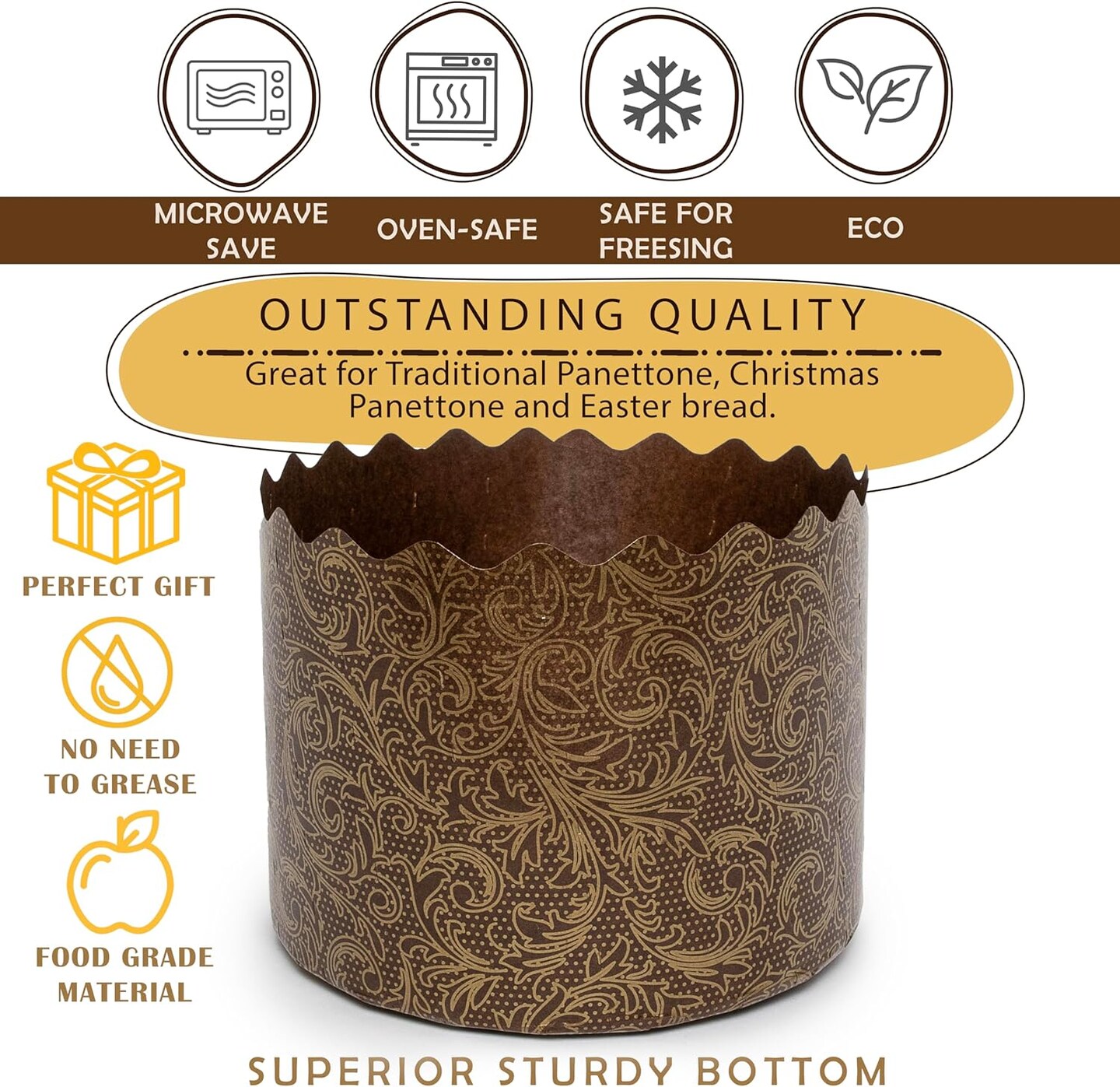 12 oz Easter Bread Paper Mold Kulich |12 pcs| Easter Bread Forms Paska Mold - Panettone Paper Mold - Italian Non Stick Panettone Paper Baking Molds - Brown Design W 4.33 x H 3.35-In