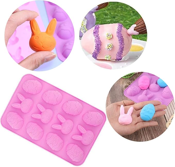 2 Pack Bunny & Egg Silicone Molds Easter Day Cake Pan Silicone Molds for Baking Cupcake Muffin Making Chocolate Candy Ice Cube Jello Jelly Soap Wax Crayon Melt(Pink and Purple)