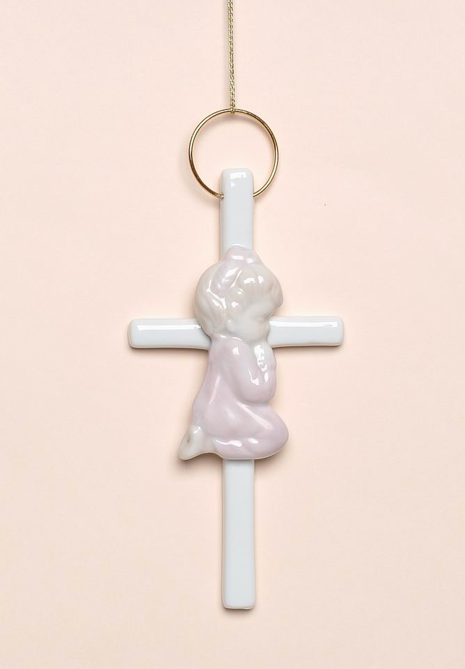Ceramic Praying Girl On Small Cross Wall Decor, Religious Décor, Religious Gift, Church Décor, Baptism Gift