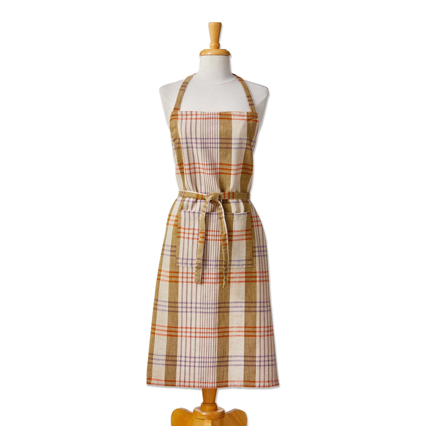 Autumnal Plaid Cotton Apron for Kitchen Cooking Thanksgiving Beige Machine Wash 34.64 in L x 32 in W
