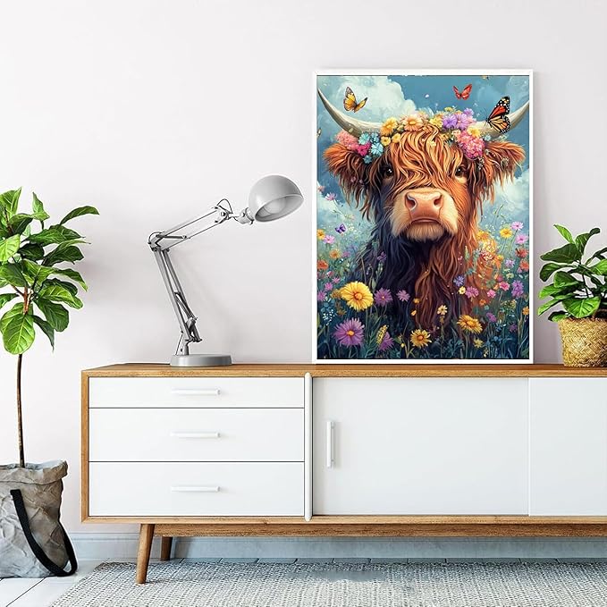 Highland Cow Diamond Painting Kit for Adults - 5D Full Drill Diamond Art for Beginners - 12x16 Inch Rustic Animal Gem Art Set - DIY Crystal Embroidery & Diamond Dots for Home Wall Decor