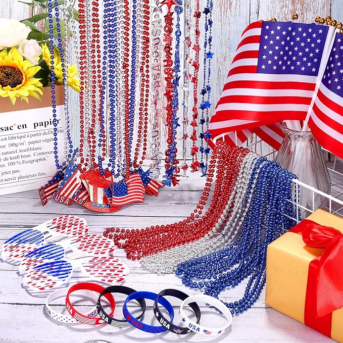 144pc Patriotic Party Favor Set - 4th of July Beads, USA Flags, Bracelets & Sunglasses