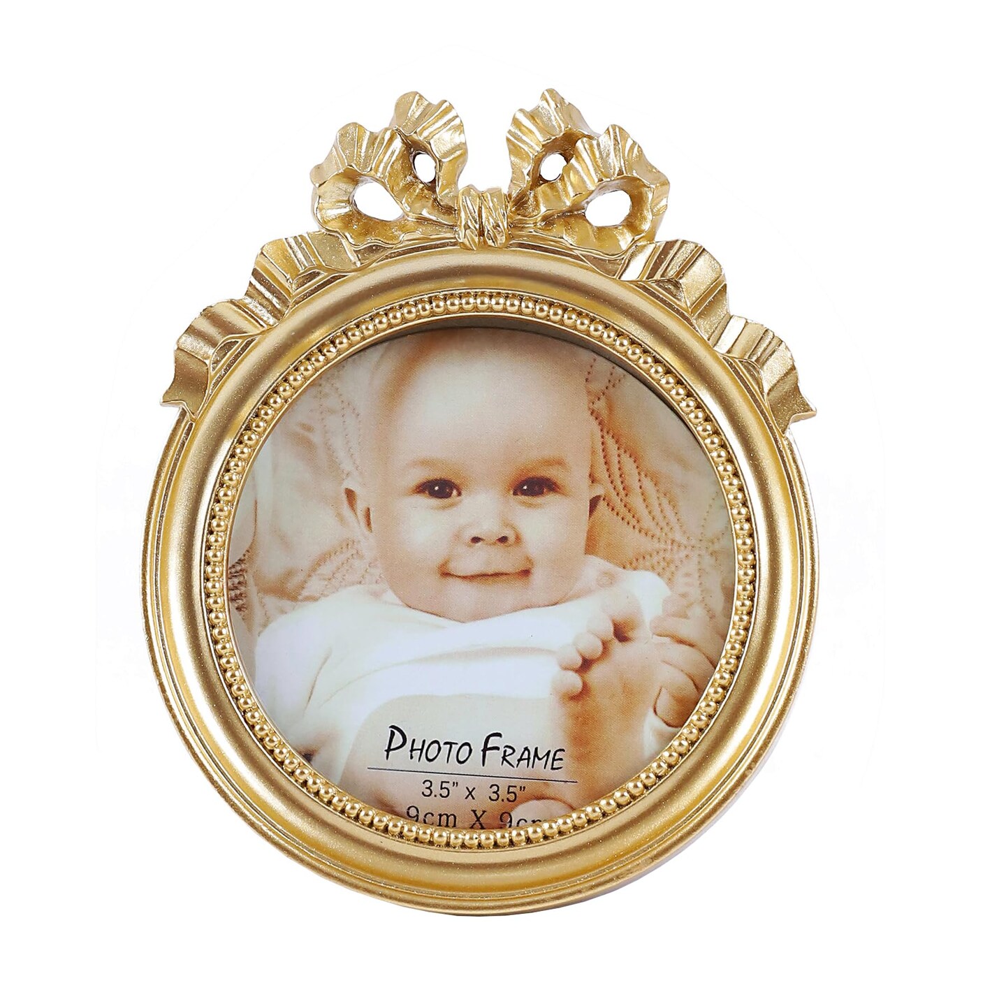 Vintage Picture Frames 3.5x3.5 Ornate Wallet Size Round Small Gold Picture Frames for Tabletop and Wall Mount Retro Home Decor Antique Wall Decor with Embossed Bead and Bow