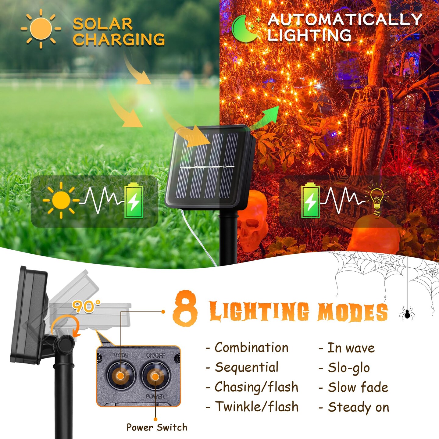 Solar Halloween Lights Outdoor,2 Pack Each 33Ft 100LED Orange Halloween Lights,Copper Wire Solar Powered Fairy String Lights 8 Modes for Garden,Tree,Thanksgiving,Christmas,Parties,Home Decor