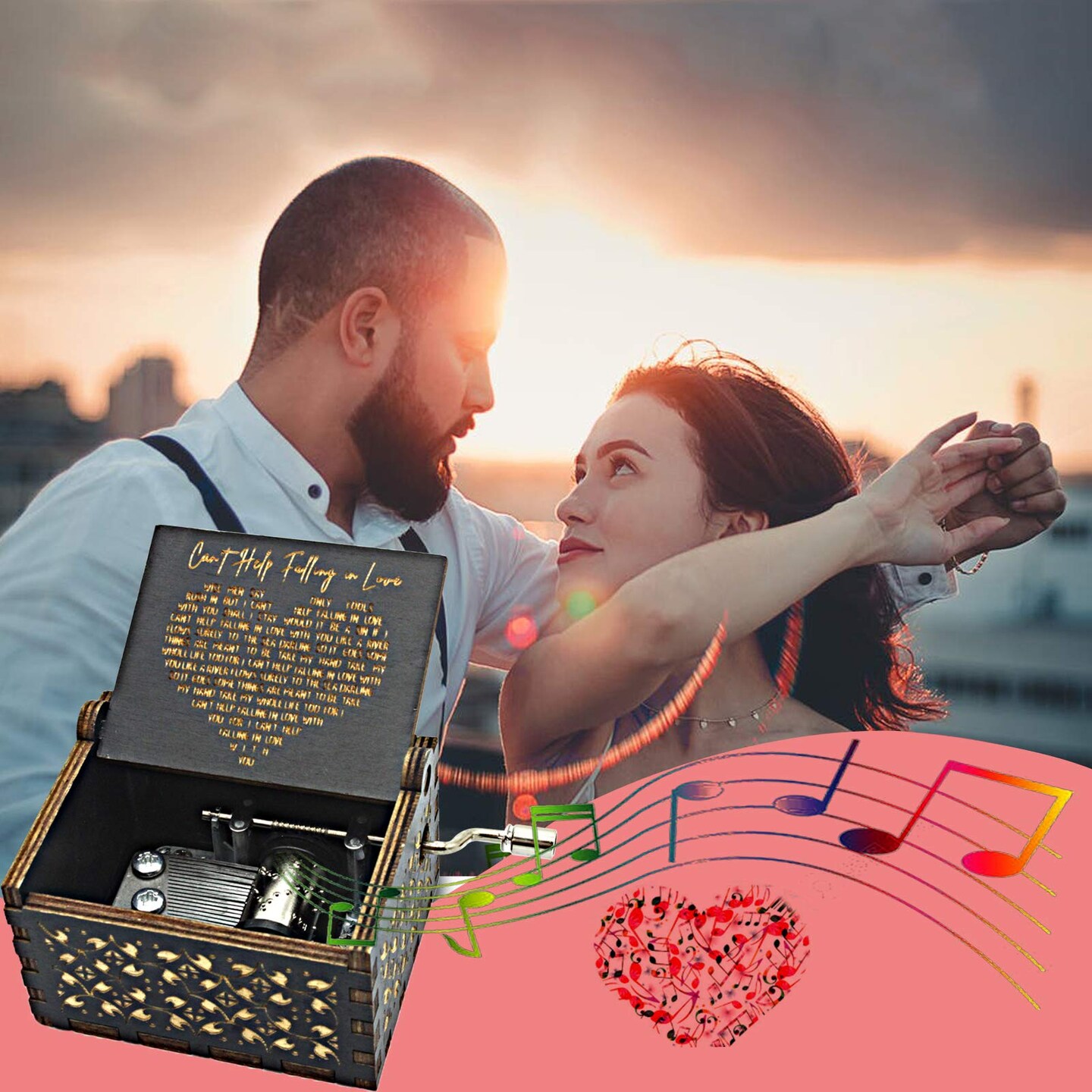 Can&#x27;t Help Falling in Love Wood Music Box, Antique Engraved Musical Boxes Case for Love One Wooden Music Box - Gifts for Lover, Boyfriend, Girlfriend, Husband, Wife (Black)