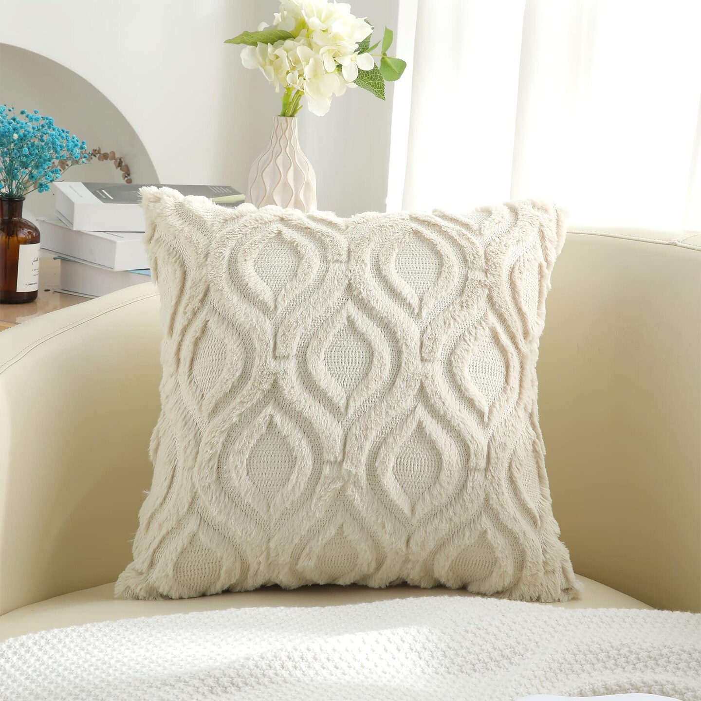 Throw Pillow Covers 18x18 Inch Set of 2, Soft Plush Faux Wool Beige Couch Pillow Covers, Solid Dyed Accent Pillow Cases for Sofa Bed Living Room Home Decor
