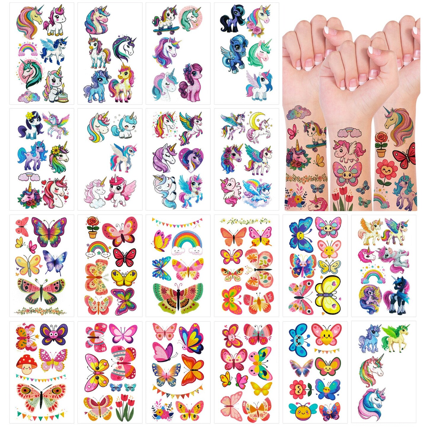 Wrapables Waterproof Glitter Temporary Tattoos, Birthday Party Favors and Supplies, Goodie Bag Fillers, 20 Sheets Butterflies and Unicorns