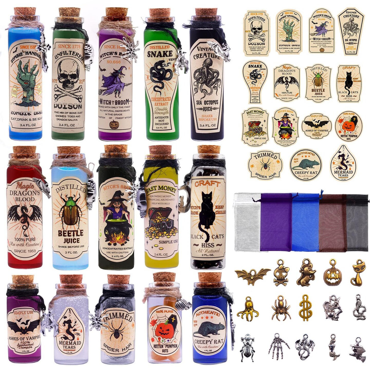 99 Pcs Apothecary Bottles Set with Halloween Stickers &#x26; Pendants - Tiered Tray Decor for Indoor Halloween Party Supplies