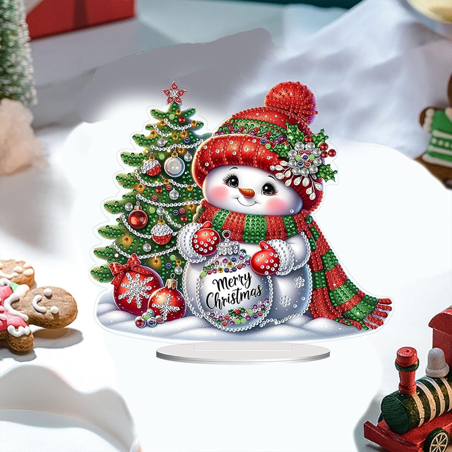 DIY Tabletop Diamond Art Painting Kit&#xFF0C;8.81x7.87inch Special Shaped Rhinestone Desk Placement Ornament&#xFF0C;Home Stand Up Gem Painting Craft Kit&#xFF0C;Double Sided(Christmas Tree and Snowman)