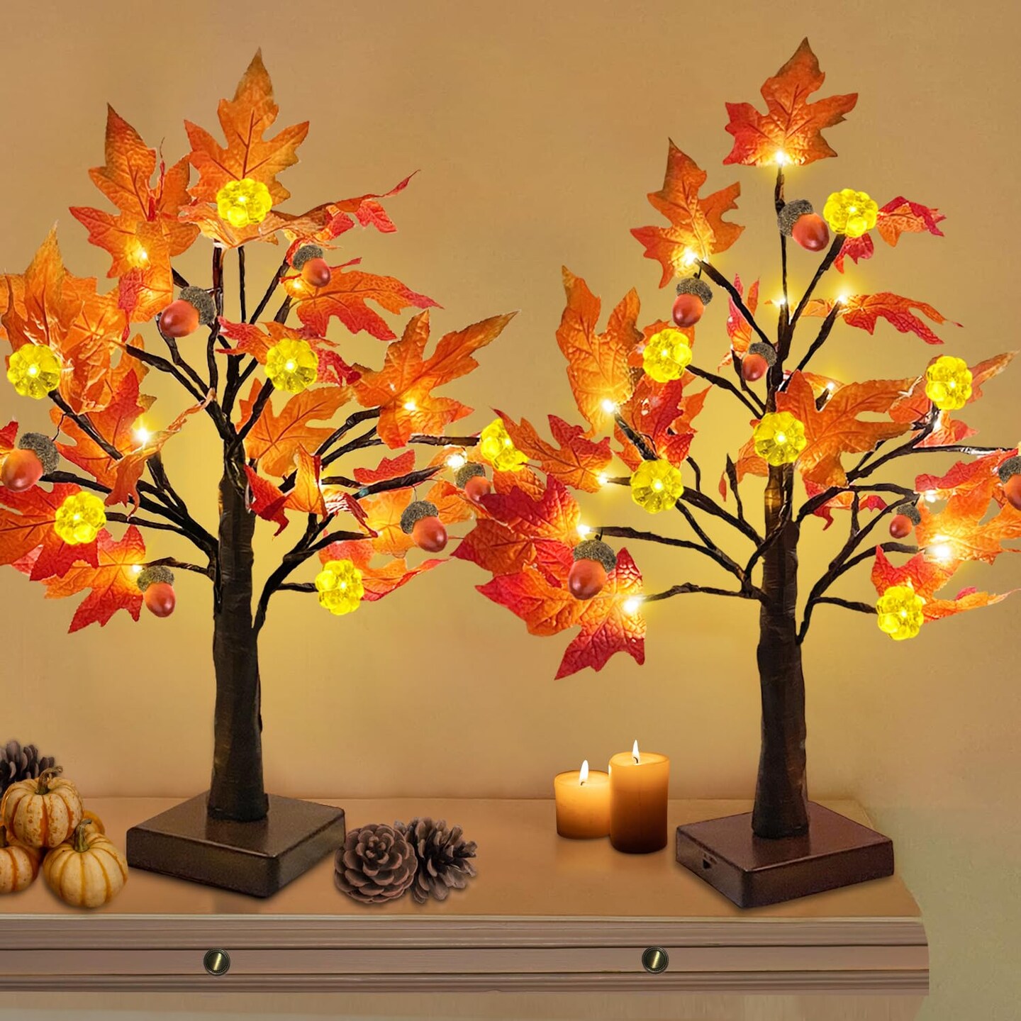 [ 2 Pack &#x26; Timer ]   24 Inch Lighted Maple Tree Fall Decor, Total 48 LED Battery Operated Tabletop Artificial Tree Design Patent Pumpkin &#x26; Acorn Thanksgiving Halloween Decoration Home Indoor  &#x26; Organizer Storage Tote Bag