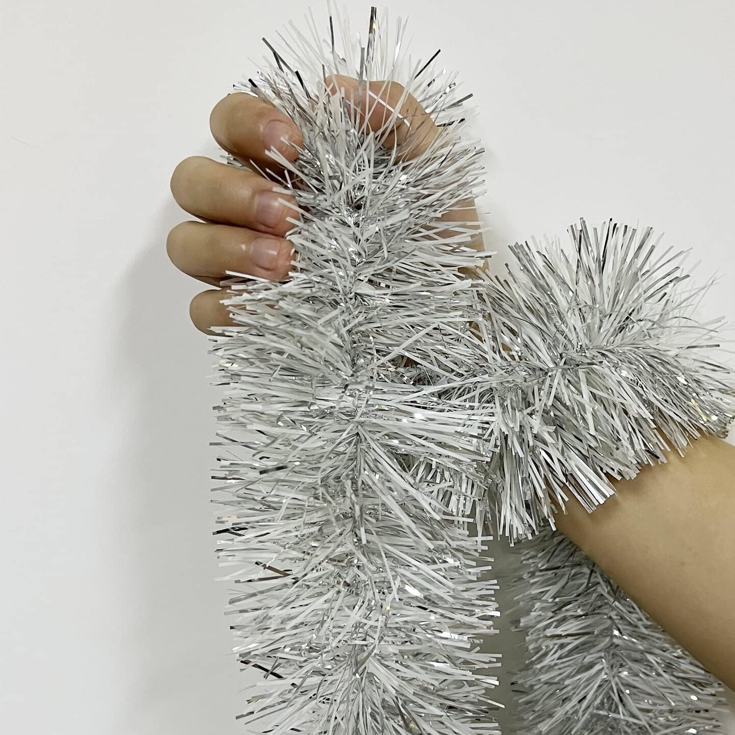 25 ft Long Roll Silver & White Tinsel Twist Garland, Shiny Metallic Foil Decorations for Christmas Eve, New Year Parties (4" x 25' roll, Silver & White)