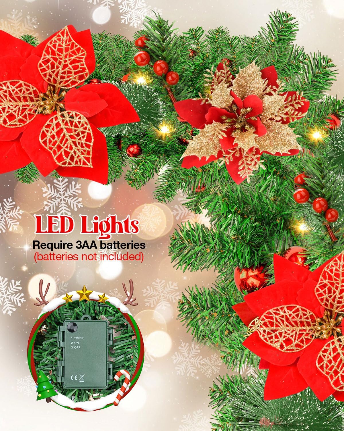 Christmas Garland, 9ft Pre-lit Christmas Decorations Garland with Lights for Front Door, Artificial Green Rattan, for Xmas Tree, Mantel Stairs Home Indoor Outdoor Christmas Decor Wreath (Red)