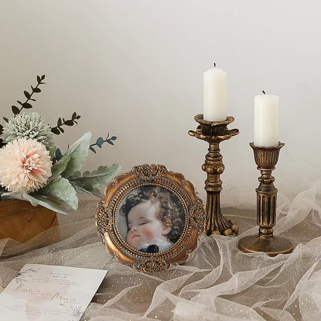 Mini Picture Frames 3x3 Small Vintage Round Picture Frames for Wall and Tabletop, Antique Bronze Gold Ornate Design,Victorian Home Decor Gallery Wall Decor with Embossed Floral