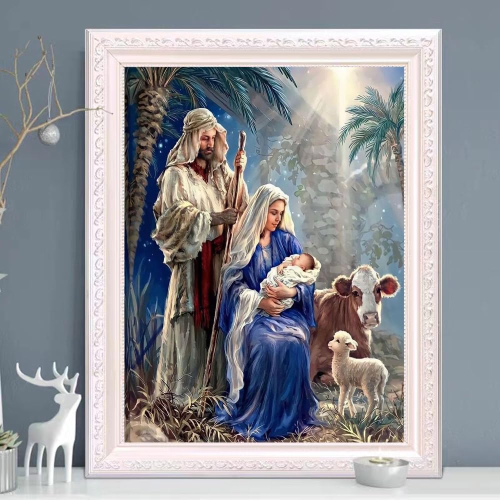 5D Christmas Nativity Scene Diamond Painting Kits for Adults Beginner, DIY Jesus was Born Diamond Art, Full Round Drill Religious Gem Art Kits, Home Wall Decor 12 x 16 Inch