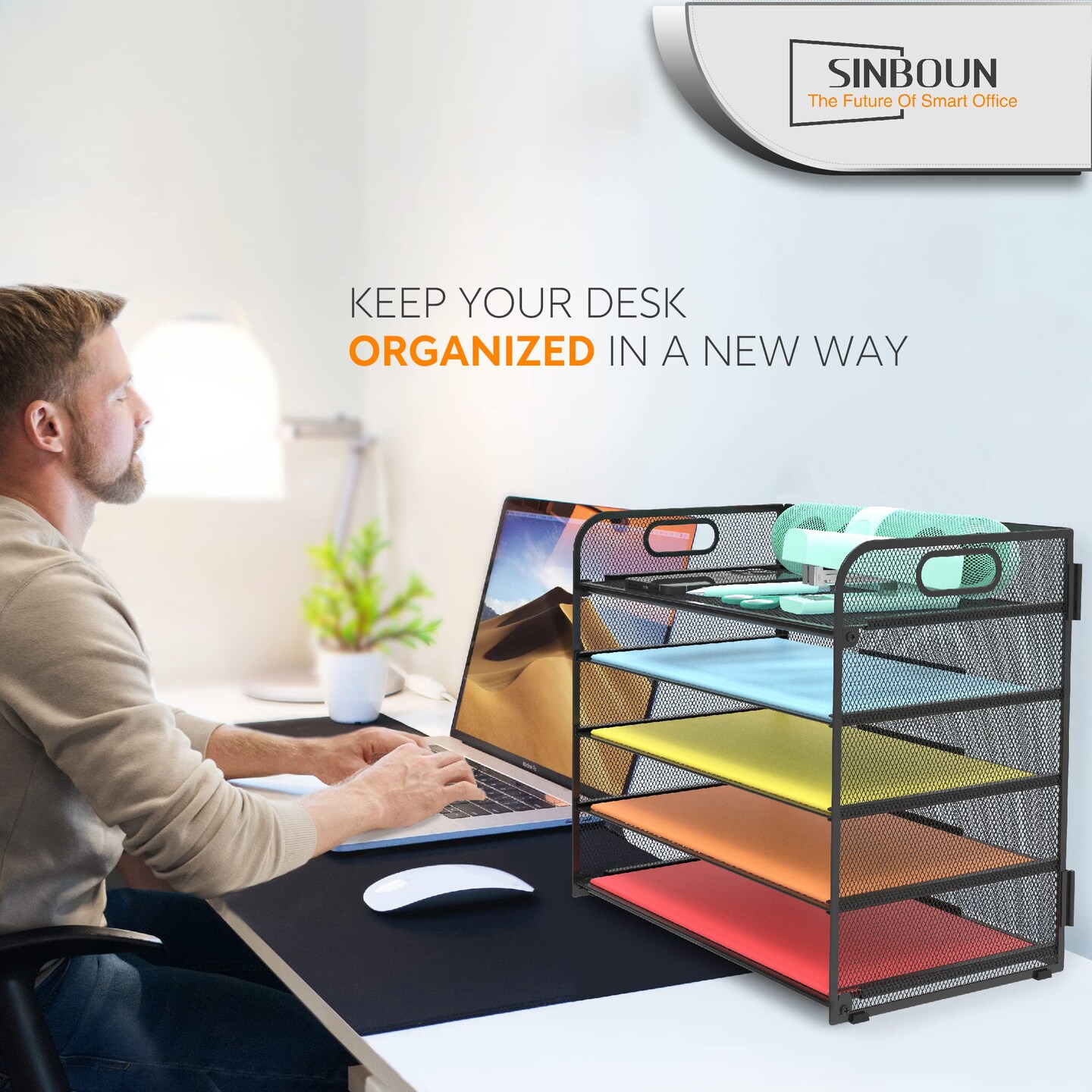 Letter Tray Paper Organizer 5-Tier Desk Organizer File Organizer Paper Holder with Handle, Metal Desktop Document Shelf Tray Office Classroom Organization - Black&#x26; Organizer Storage Tote Bag