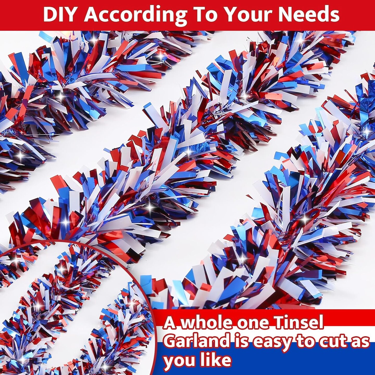 50FT 4th of July Decorations 4th of July Garland Patriotic Garlands Red White and Blue Tinsel Garlands for Party Holiday Memorial Day Independence Day 4th of July Decor