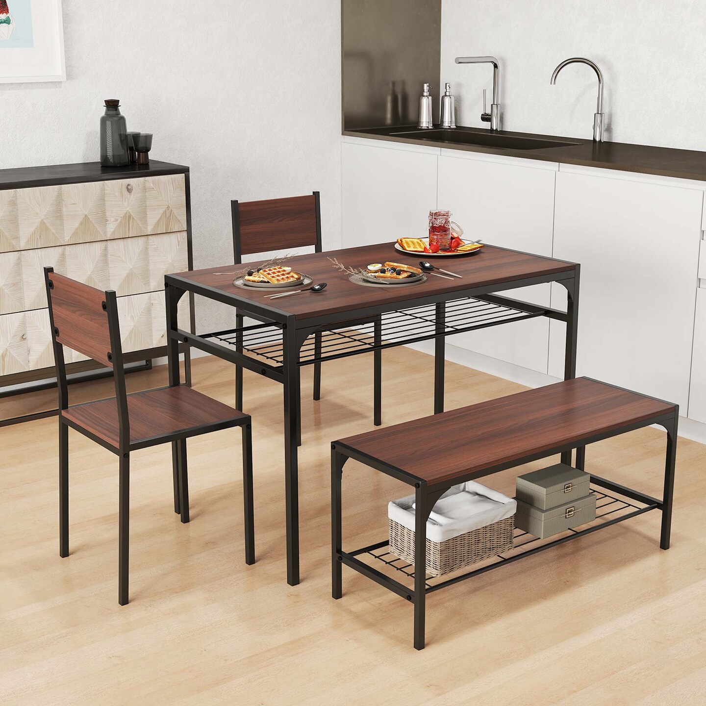 Costway Dining Table Set for 4 Rectangular Table with 2 Chairs, 1 Bench, Storage Racks Rustic Brown/Gray/Brown
