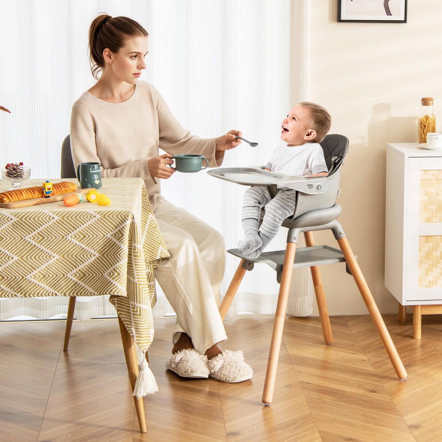 Costway 6-in-1 Convertible Wooden Baby Highchair Infant Feeding Chair with Removable Tray Black/Grey/Pink/White/Beige