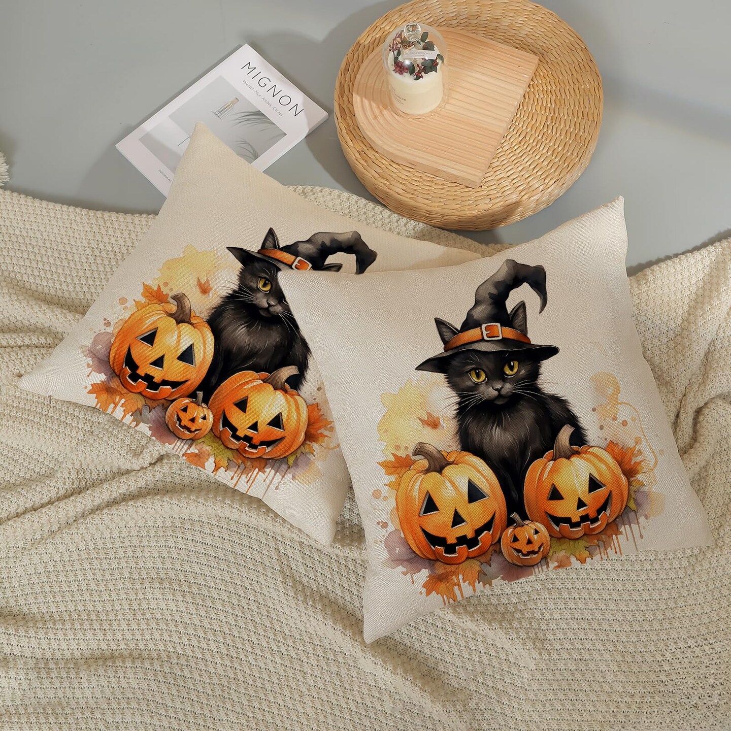 Halloween Pillow Covers 24x24 Set of 2 Black Cat Pumpkin Pillowcase Halloween Decorations Outdoor Throw Pillow Covers Linen Farmhouse Fall Thanksgiving Decor Cushion Case for Couch Home Sofa