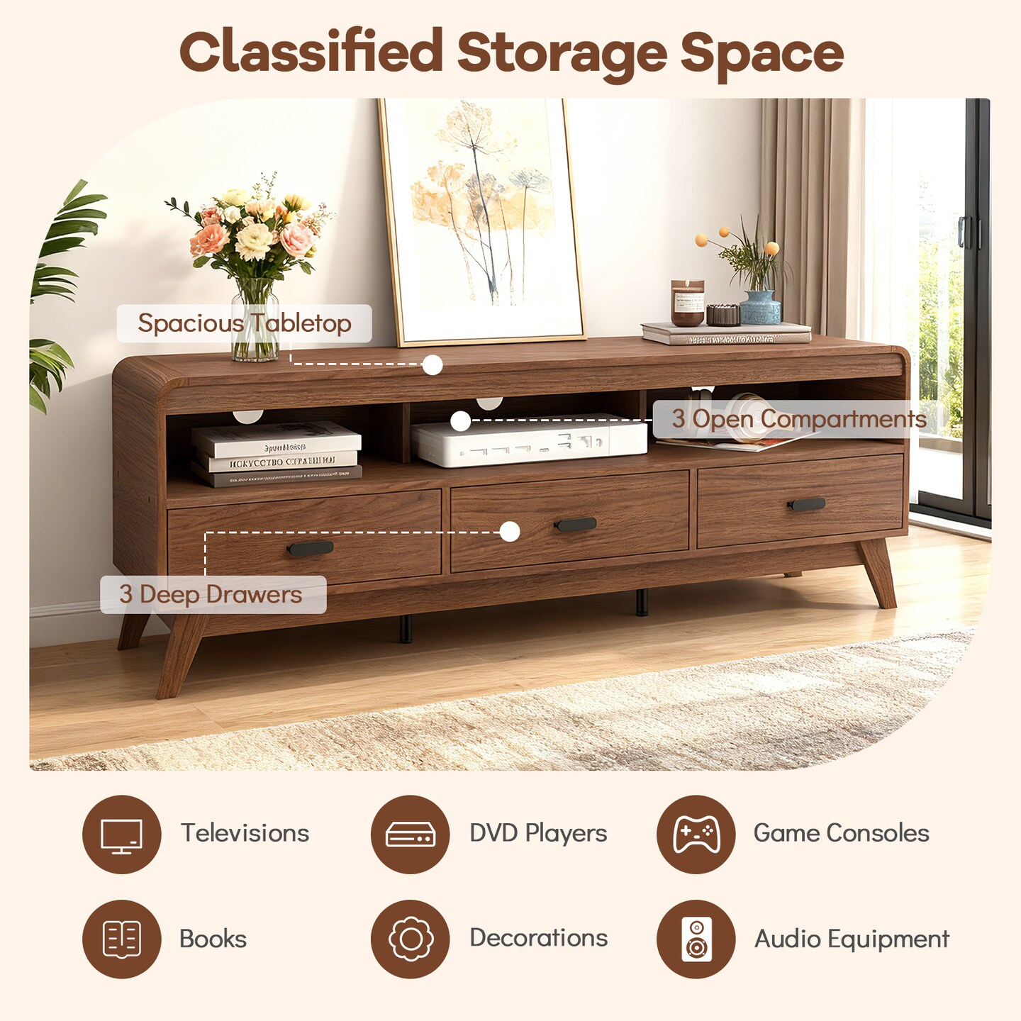 Mid-Century Modern TV Stand for TVs up to 70" with 3 Drawers and Open Shelves