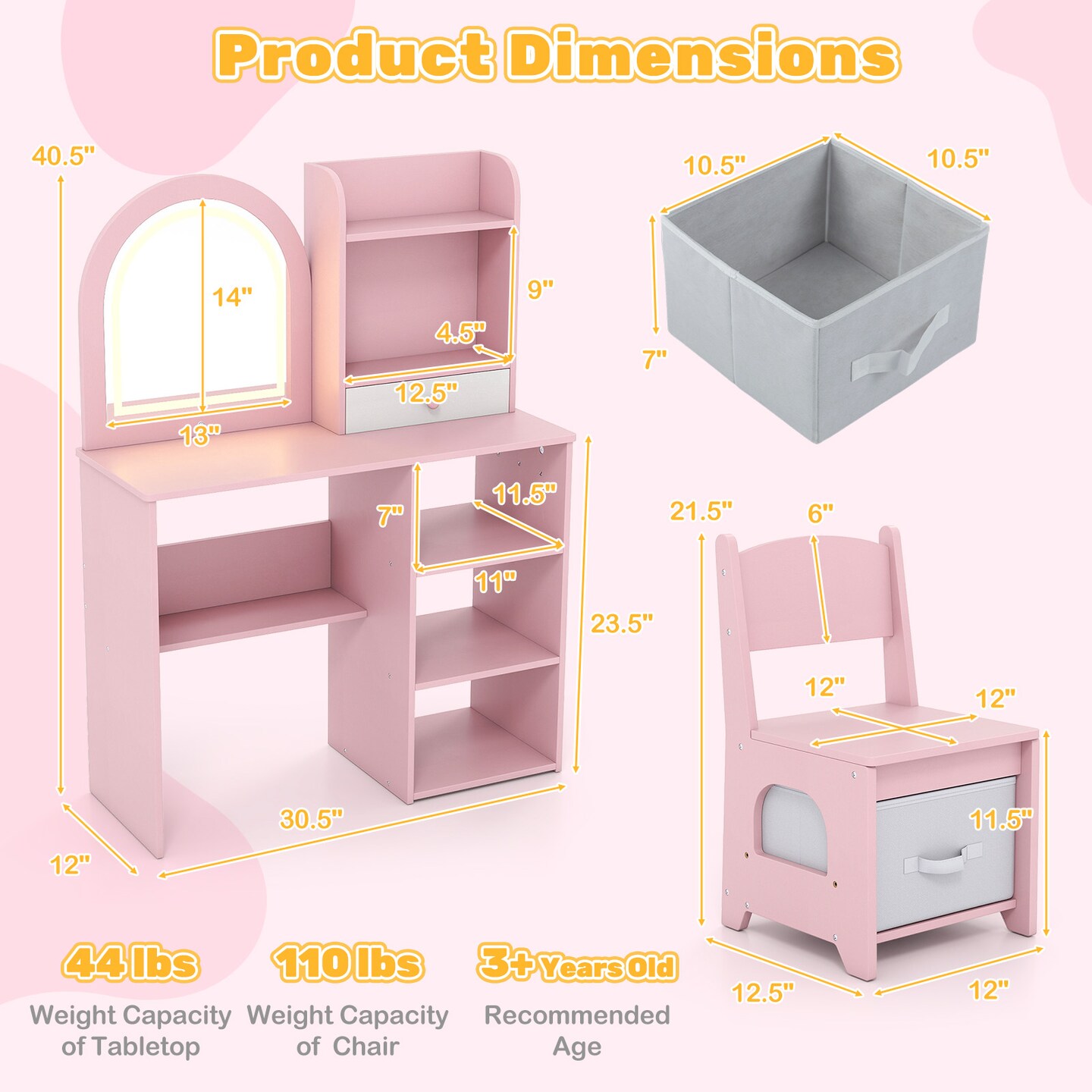 Princess Kids Vanity Desk Set with Chair and 3-Color LED Mirror