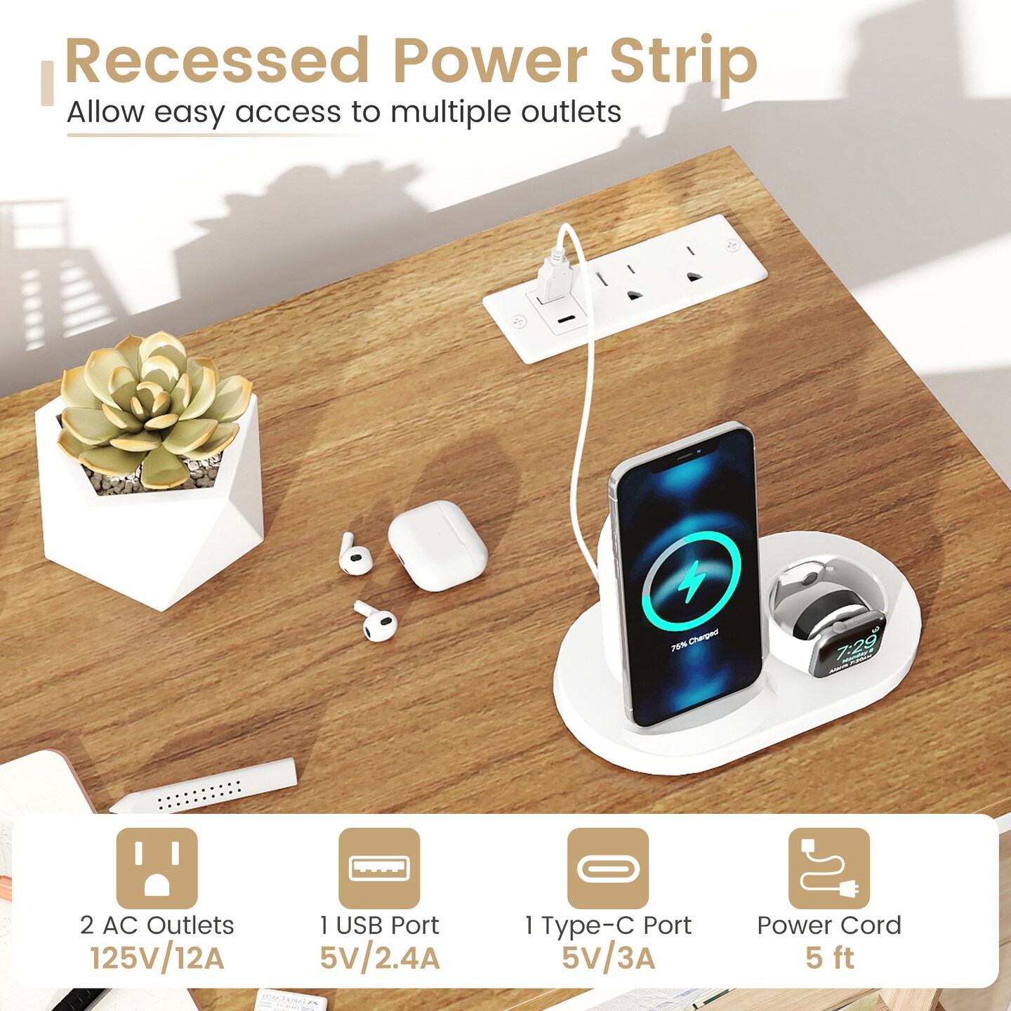 Office Mobile File Cabinet with 3 Drawers, Open Shelves and Charging Station