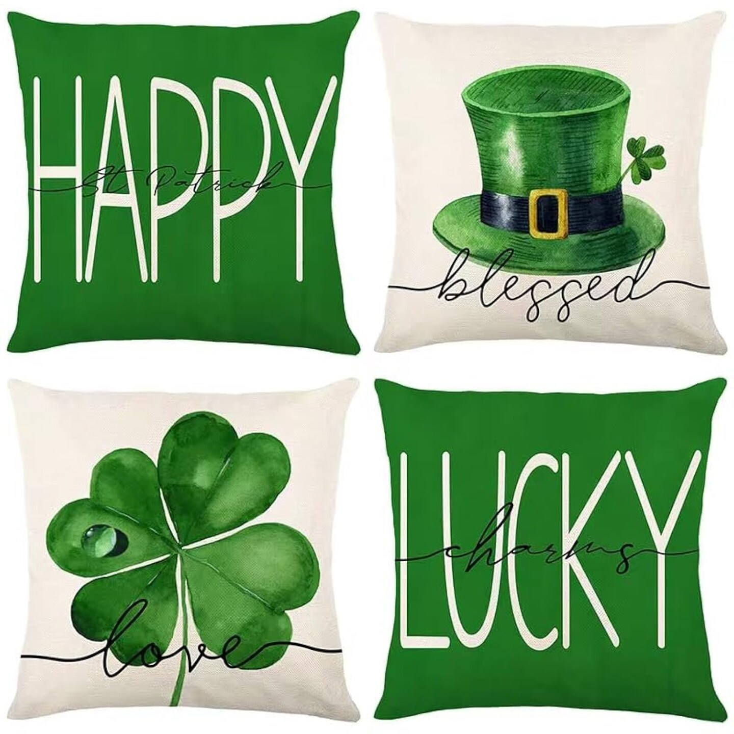 St Patricks Day Decor-Throw Pillow Covers 18x18 in Set of 4,Shamrock Linen Pillow Case with Green Hat Irish for Large Couch Sofa Home Indoor Outdoor Holiday Decorations