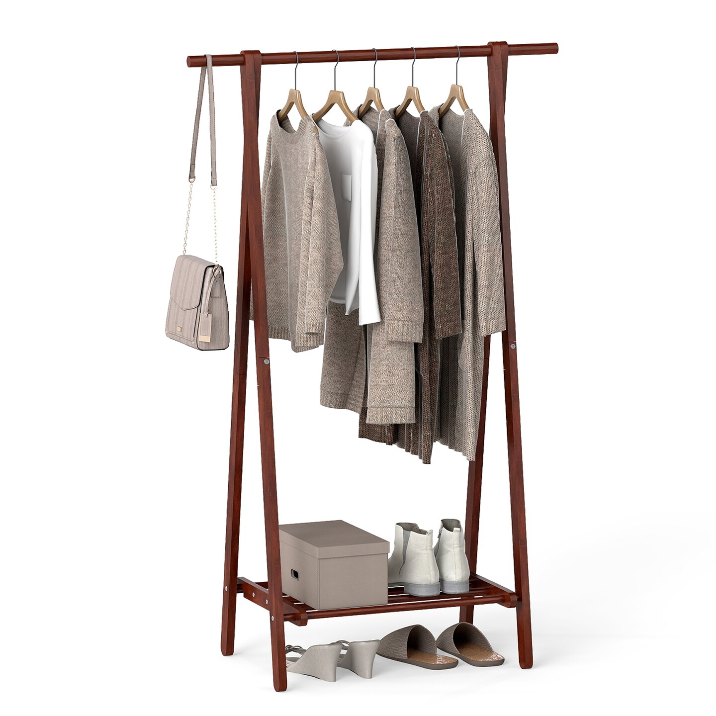 Folding Coat Rack Rubber Wood Standing Clothes Rack with Shelf Walnut