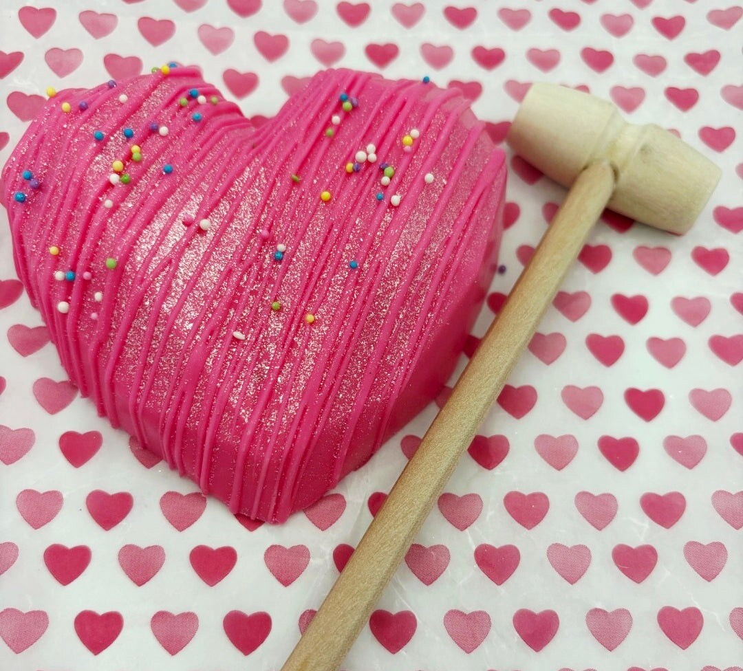Breakable Heart Valentine Chocolate Kit – Geometric Heart Mold, Mallet + 1 lb Pink Chocolate Wafers