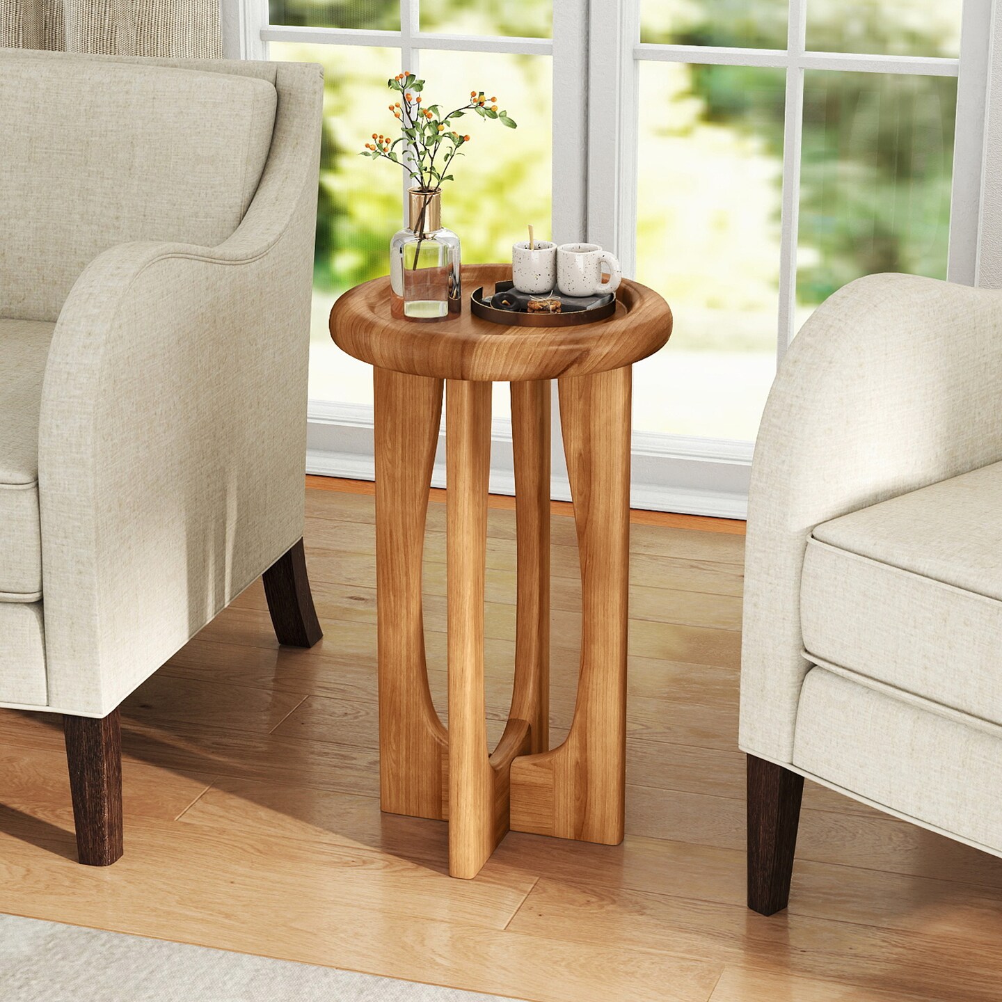 Natural 14" Farmhouse End Table with Round Tray Top and Cross Legs