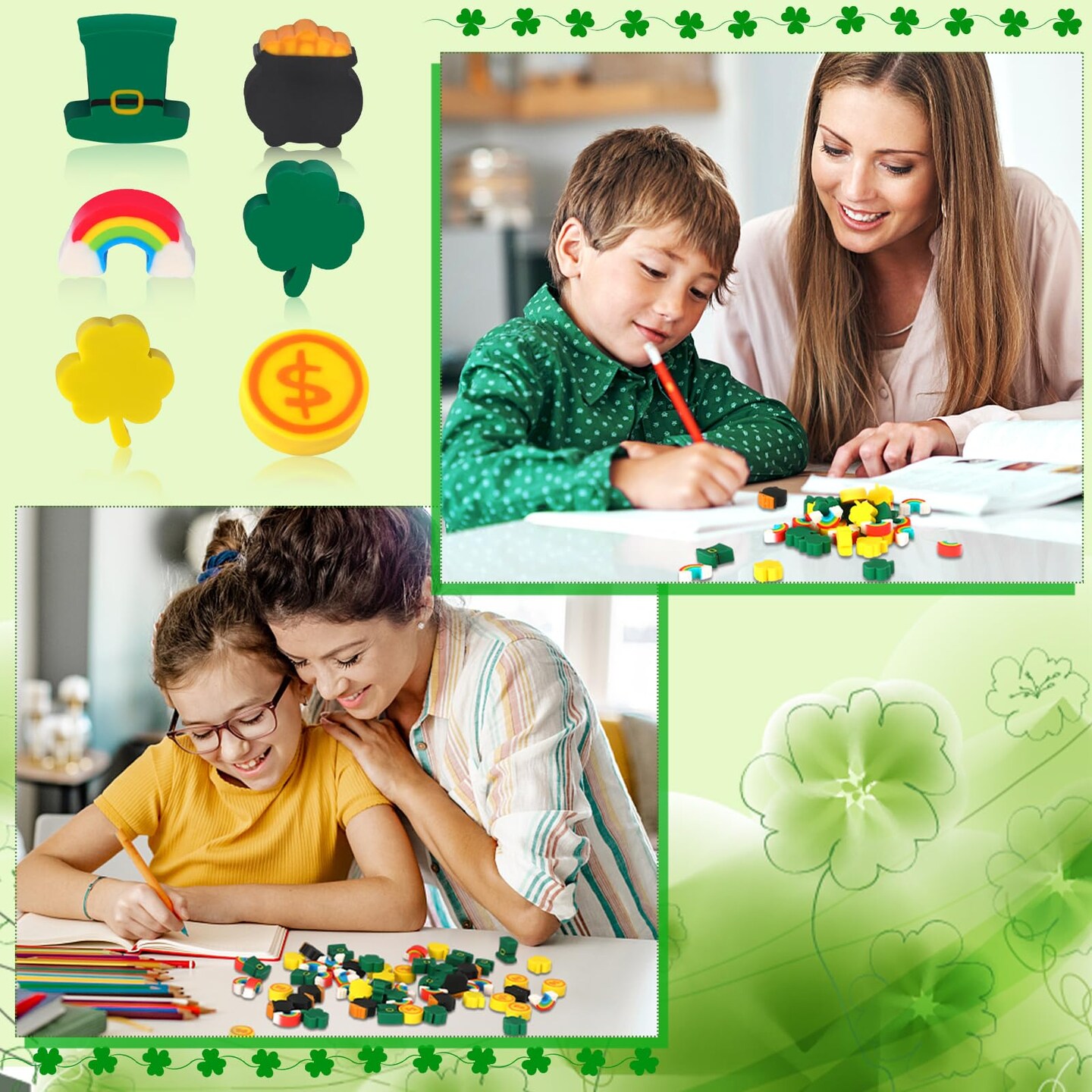 Erasers for Kids, 150Pcs St. Patrick's Mini Erasers Cute Pencil Erasers Shamrocks Erasers for Kids Bulk School Classroom Prizes Homework Rewards Party Favors