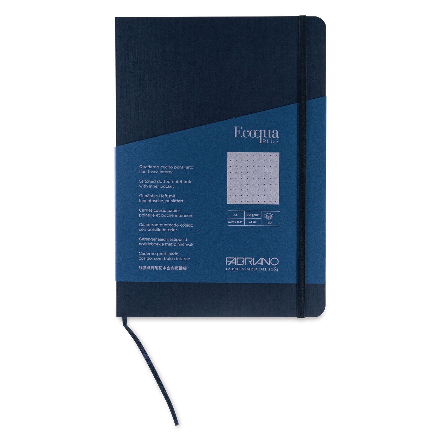 Fabriano EcoQua Plus Stitch-Bound Notebook - Navy, 5-4/5" x 8-1/4", Dot Grid