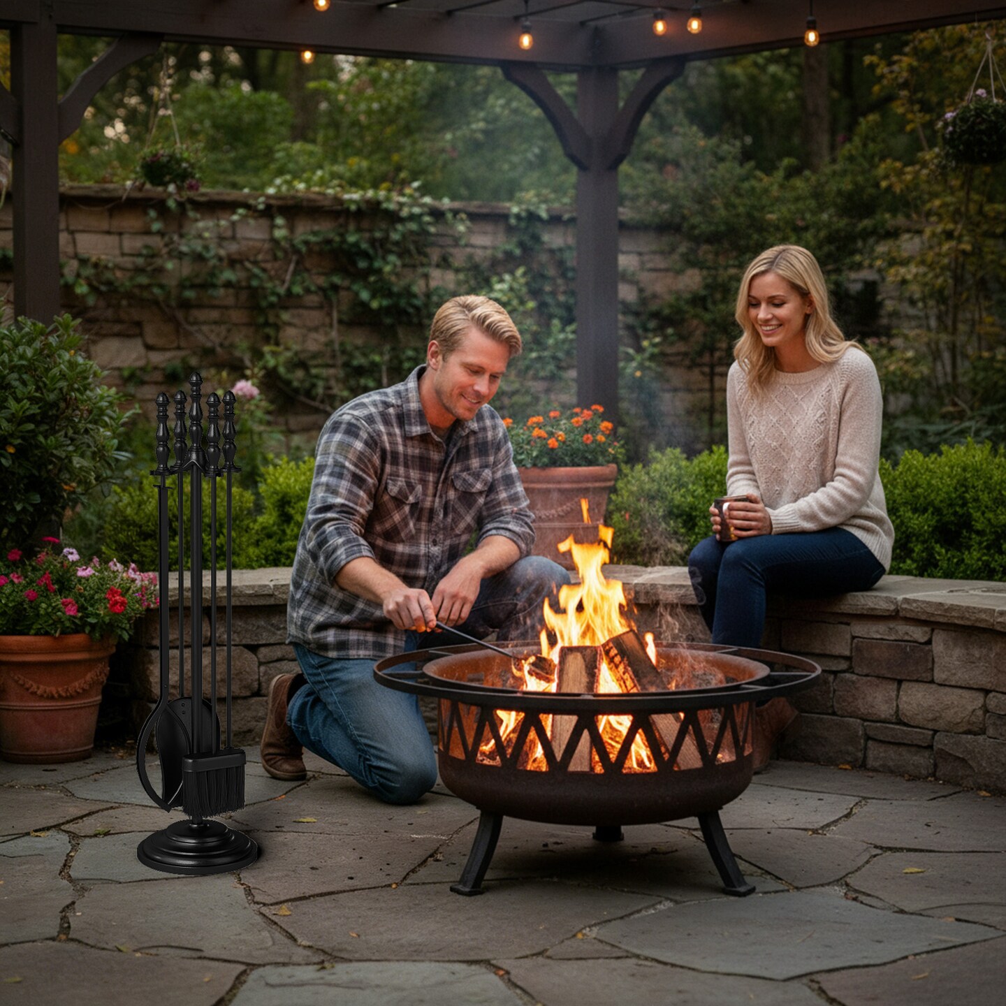 5-Piece Fireplace Tool Set with Poker, Tongs, Brush, Shovel & Round Stand