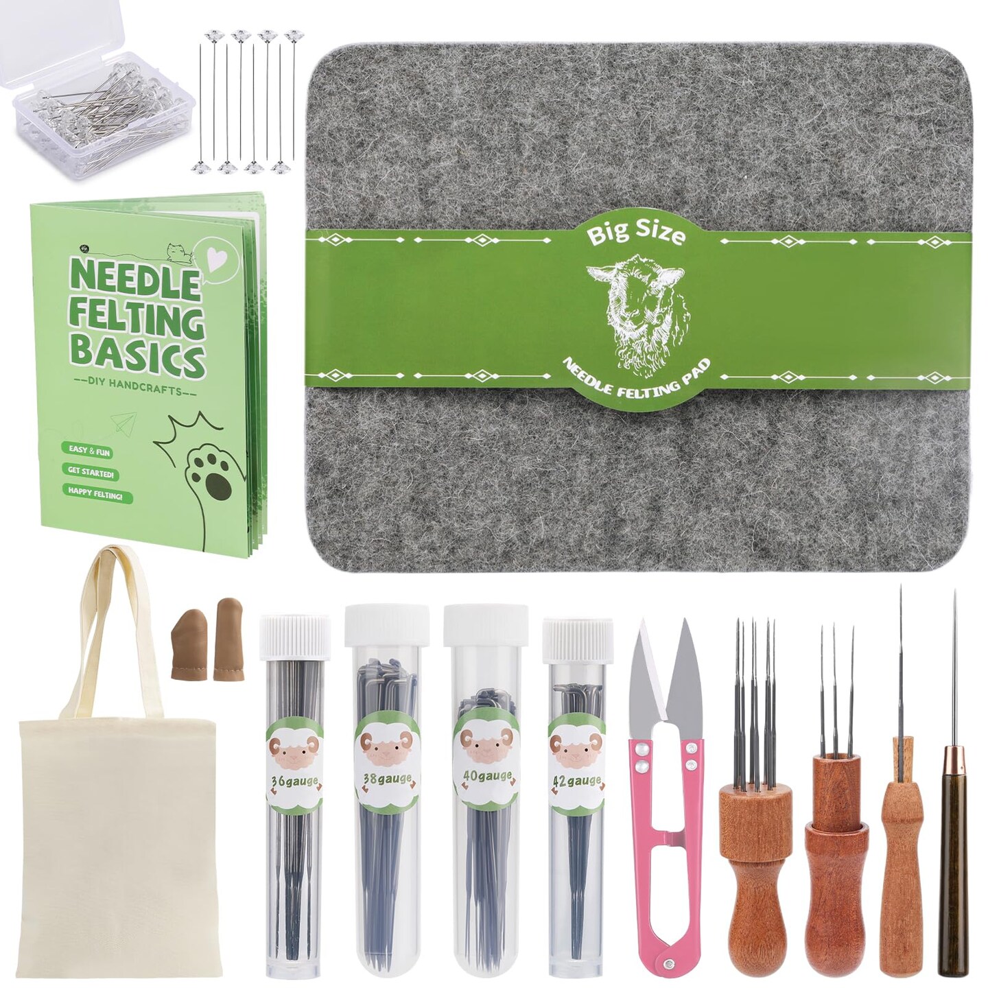 Needles Felting Tools, 8"x10" Felting Pad, Large Needle Felting Mat, 90 Pcs Felting Needles, Felting Supplies with Wood Handles & Wool Needles for DIY Crafts