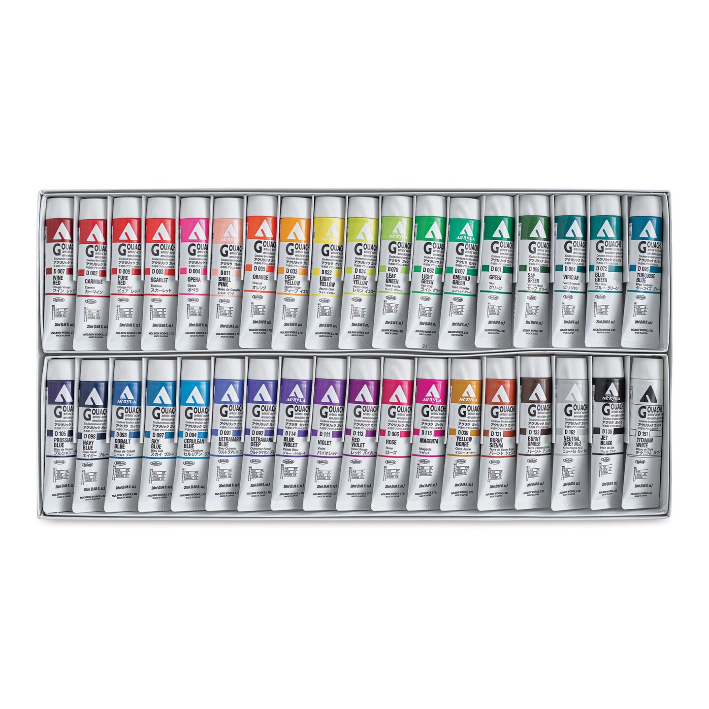 Holbein Acrylic Gouache - Set of 36, Assorted Colors, 20 ml Tubes
