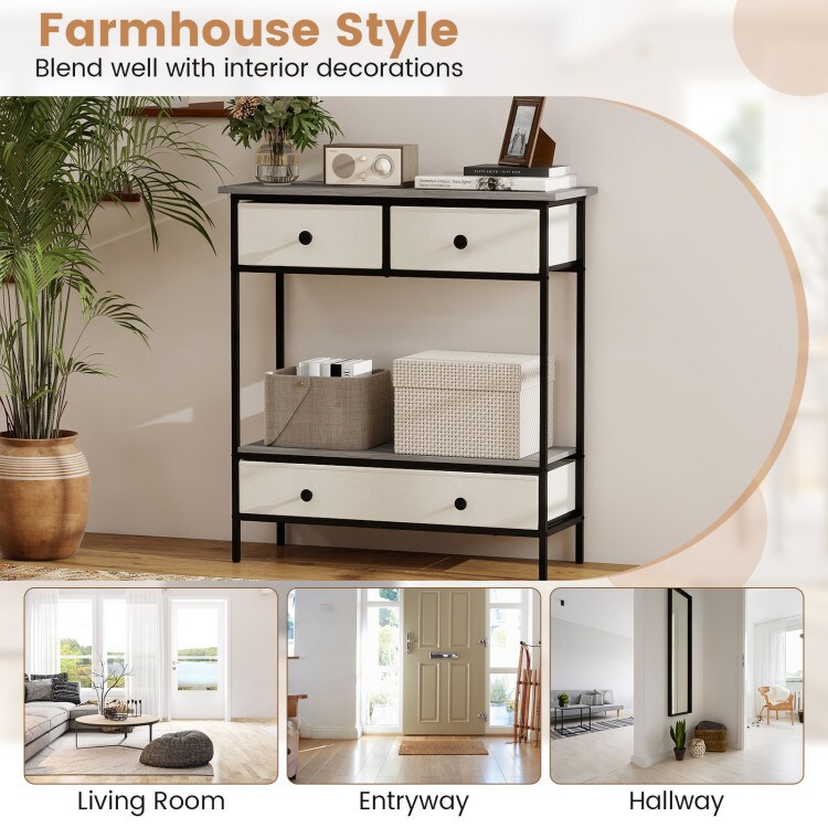 Grey - Beige Farmhouse Console Table with Open Storage Shelf for Hallway