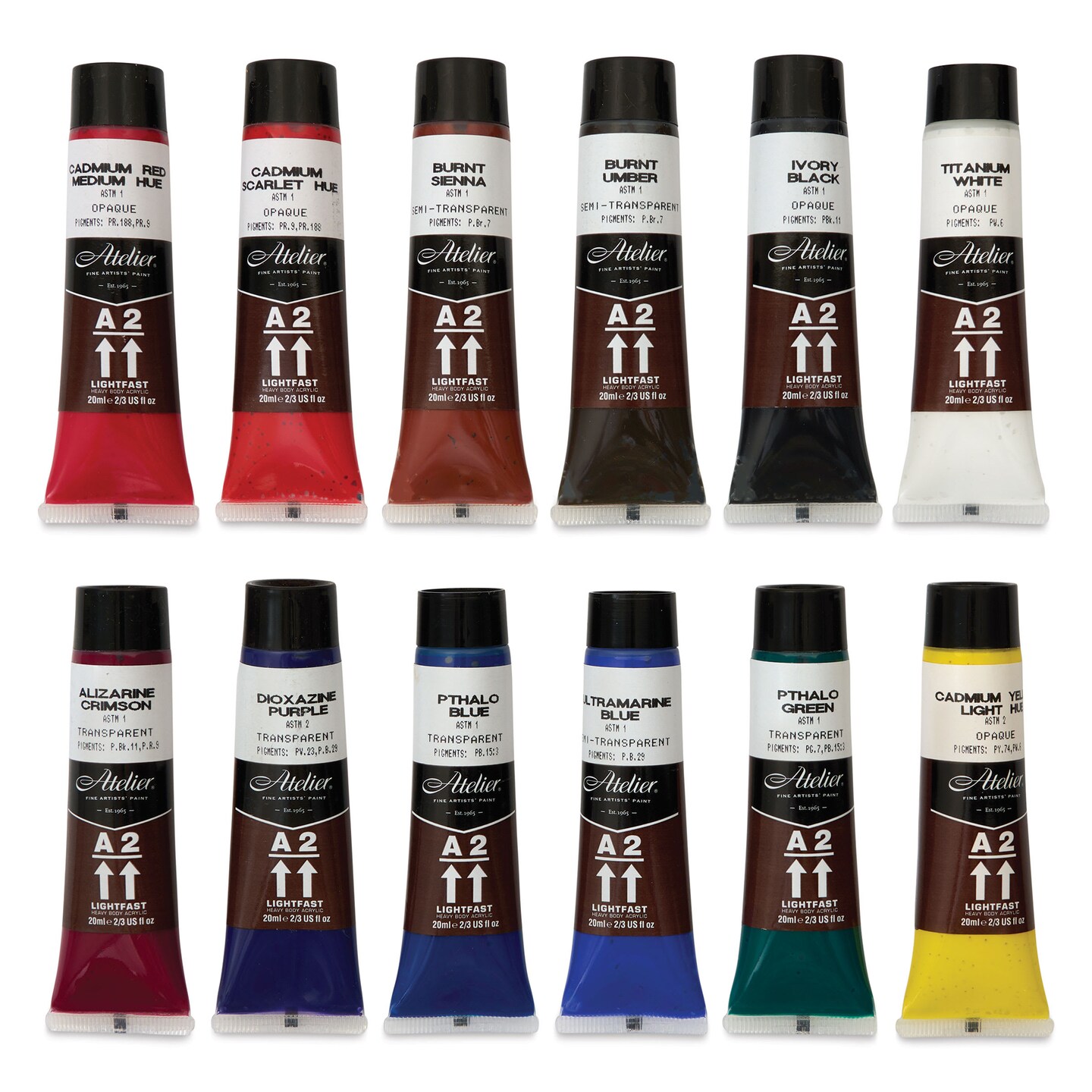 Chroma Atelier A2 Lightfast Heavy Body Acrylic Paints - Set of 12, Assorted Colors, 20 ml Tubes