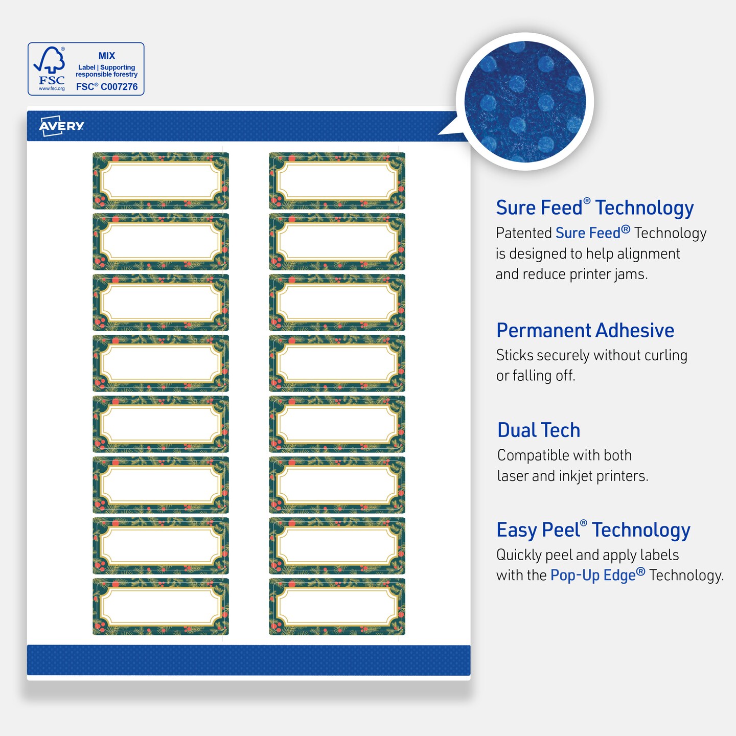Avery Printable Rectangle Labels, 1" x 2-5/8", Matte White, Pre-printed Teal & Metallic Gold Frame Design, Sure Feed Technology, Laser & Inkjet Compatible, 320 Total