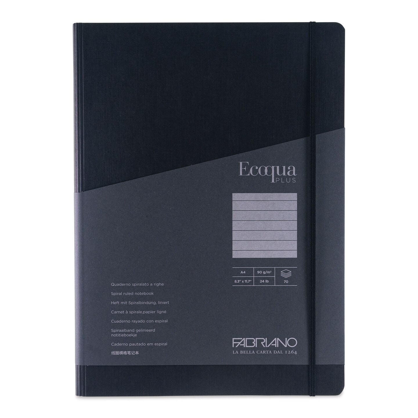 Fabriano Ecoqua Plus Hidden Spiral-Bound Notebook - Black, 11-7/10" x 8-1/4". Ruled