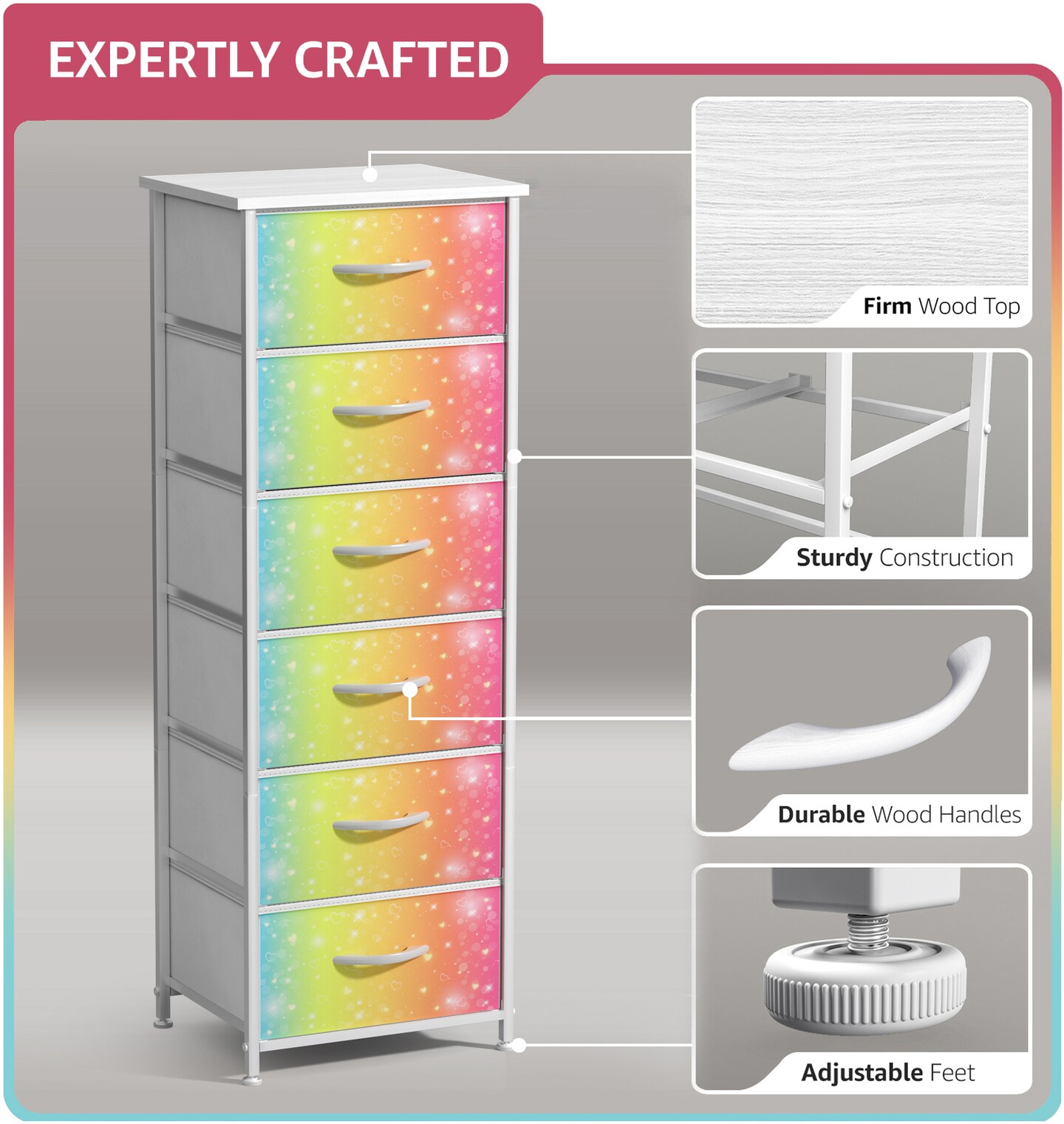 Sorbus 6 Drawers Tall Dresser with Steel Frame, Wood Top & Easy Pull Foldable Fabric Bins