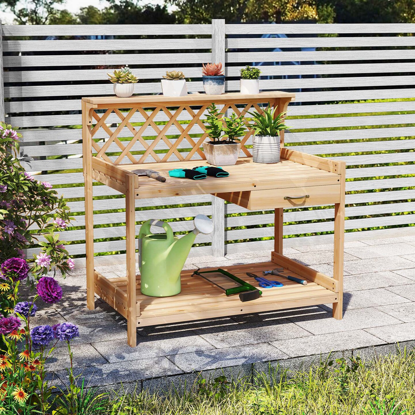 Wooden Garden Potting Bench Table with Lattice Trellis Workstation