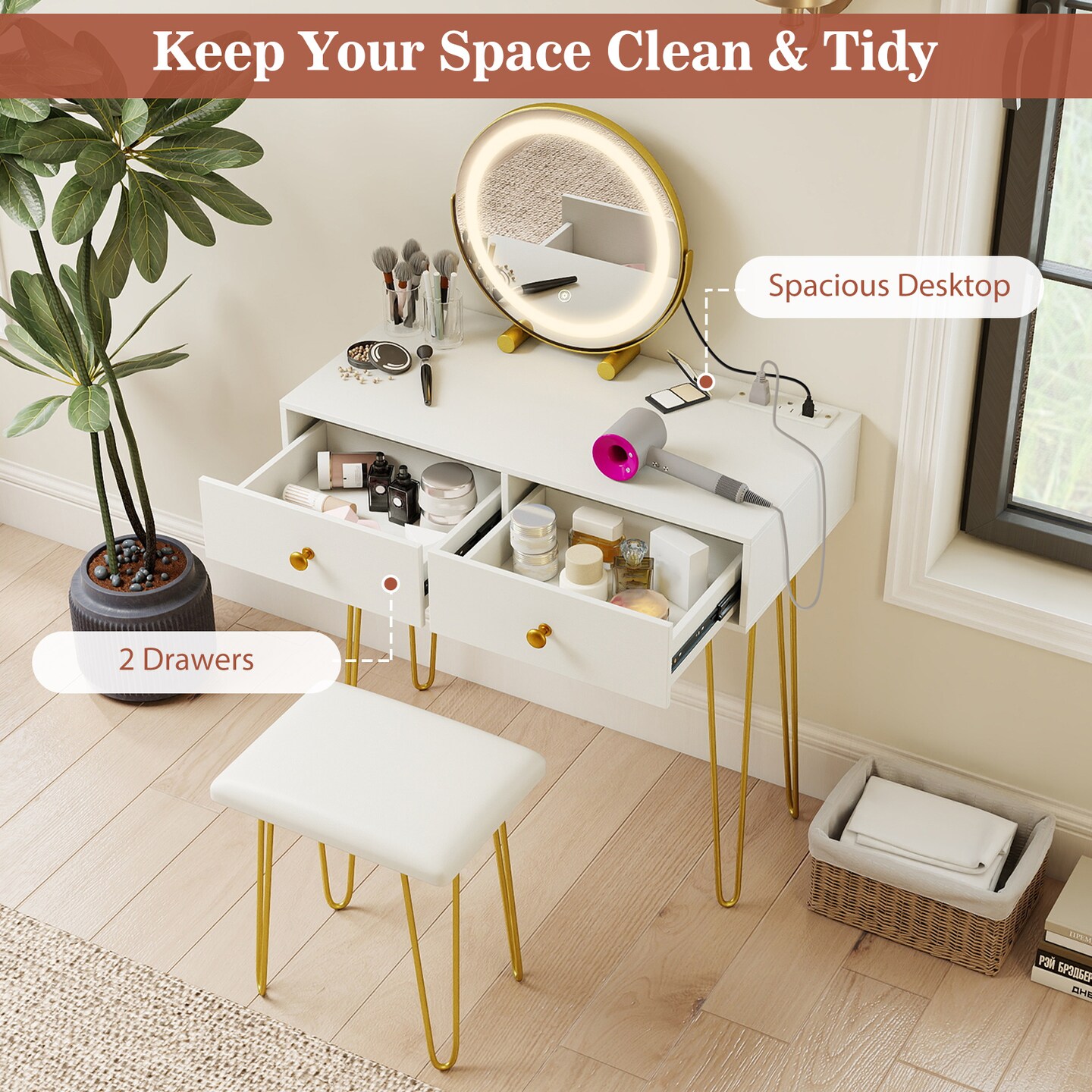 White Vanity Desk with Lighted Adjustable Mirror and Storage for Bedroom