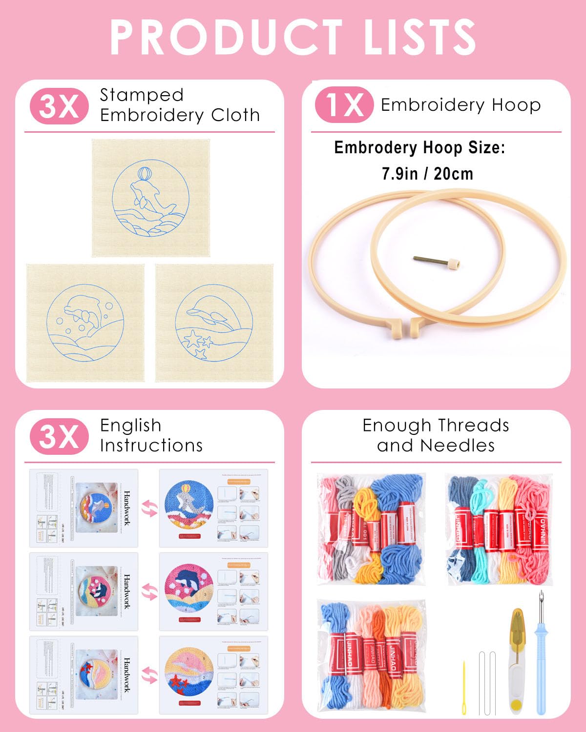 Punch Needle Kits, 3 Pack Punch Needle Embroidery Kits for Adults Beginner, Tool with Punch Needle Fabric, Hoops, Yarns and Sewing Needles (Dolphin)