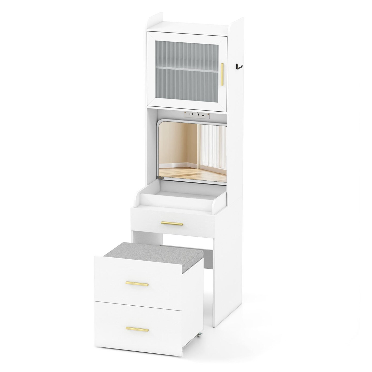 White Makeup Vanity with Flip-Top Mirror, Power Outlets and Storage Stool