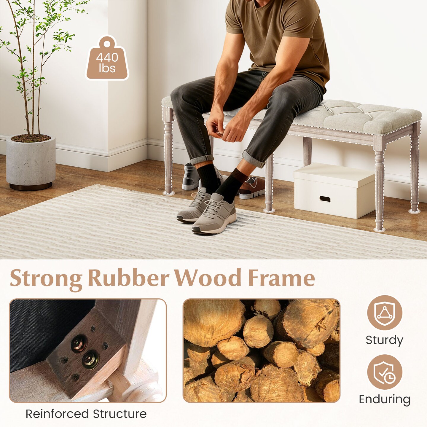 47.5" Upholstered Bench with Carved Rubber wood Legs and Padded Seat